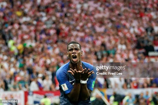 Paul Pogba of France reacts during the 2018 FIFA World Cup Russia Final between France and Croatia at Luzhniki Stadium on July 15, 2018 in Moscow,...