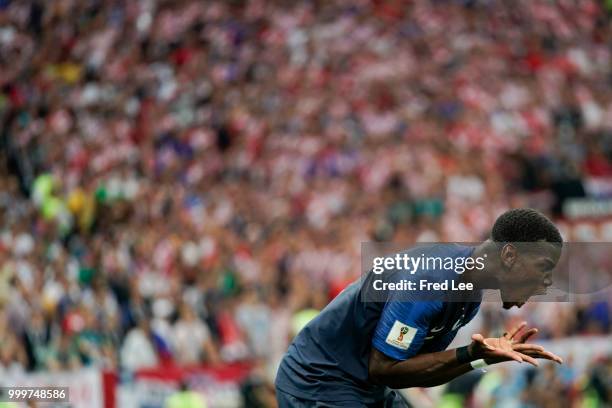 Paul Pogba of France reacts during the 2018 FIFA World Cup Russia Final between France and Croatia at Luzhniki Stadium on July 15, 2018 in Moscow,...