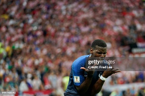 Paul Pogba of France reacts during the 2018 FIFA World Cup Russia Final between France and Croatia at Luzhniki Stadium on July 15, 2018 in Moscow,...