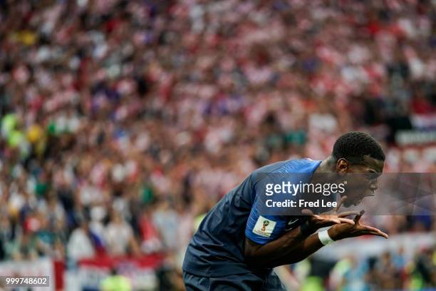 Paul Pogba of France reacts during the 2018 FIFA World Cup Russia Final between France and Croatia at Luzhniki Stadium on July 15, 2018 in Moscow,...