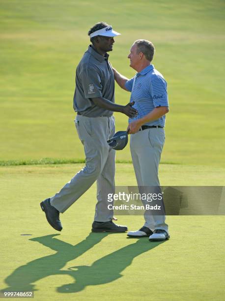 Vijay Singh celebrates his win beating Jeff Maggert in a two hole playoff during the final round of the PGA TOUR Champions Constellation SENIOR...