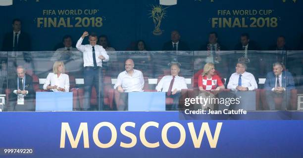 President of France Emmanuel Macron celebrates the first goal of France while President of French Football Federation Noel Le Graet, Brigitte Macron,...