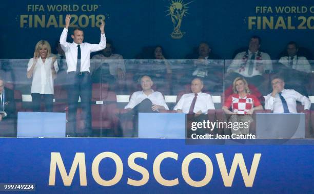 President of France Emmanuel Macron celebrates the first goal of France while President of French Football Federation Noel Le Graet, Brigitte Macron,...