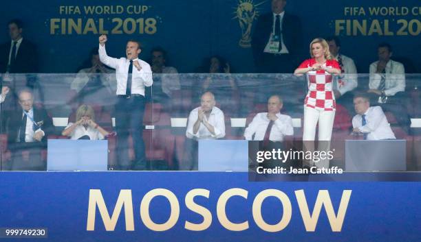 President of France Emmanuel Macron celebrates a goal for France while President of French Football Federation Noel Le Graet, Brigitte Macron, FIFA...