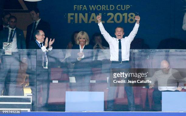 President of France Emmanuel Macron celebrates the victory with his wife Brigitte Macron and President of French Football Federation Noel Le Graet...