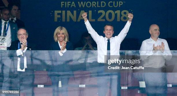 President of France Emmanuel Macron celebrates the victory with his wife Brigitte Macron and President of French Football Federation Noel Le Graet...