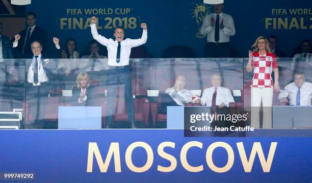 President of France Emmanuel Macron celebrates the victory with his wife Brigitte Macron, President of French Football Federation Noel Le Graet while...