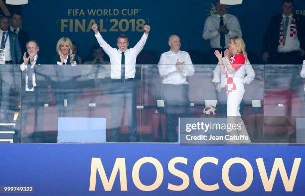 President of France Emmanuel Macron celebrates the victory with his wife Brigitte Macron, President of French Football Federation Noel Le Graet while...