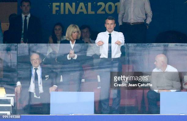 President of France Emmanuel Macron and his wife Brigitte Macron during the 2018 FIFA World Cup Russia Final match between France and Croatia at...