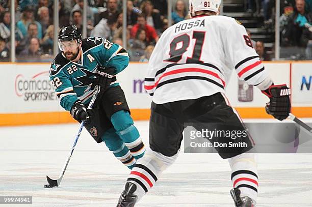 Dan boyle of the San Jose Sharks moves the puck into the zone in Game Two of the Western Conference Finals during the 2010 NHL Stanley Cup Playoffs...