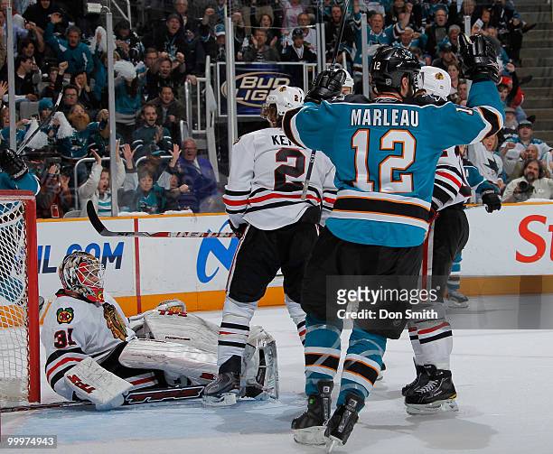 Patrick Marleau of the San Jose Sharks celebrates a third-period goal in Game Two of the Western Conference Finals during the 2010 NHL Stanley Cup...