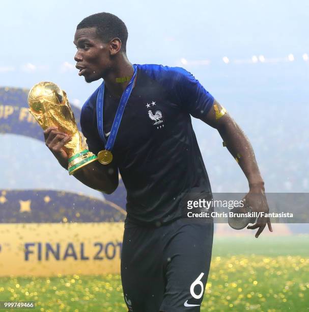 Paul Pogba of France celebrates with the World Cup after the 2018 FIFA World Cup Russia Final between France and Croatia at Luzhniki Stadium on July...