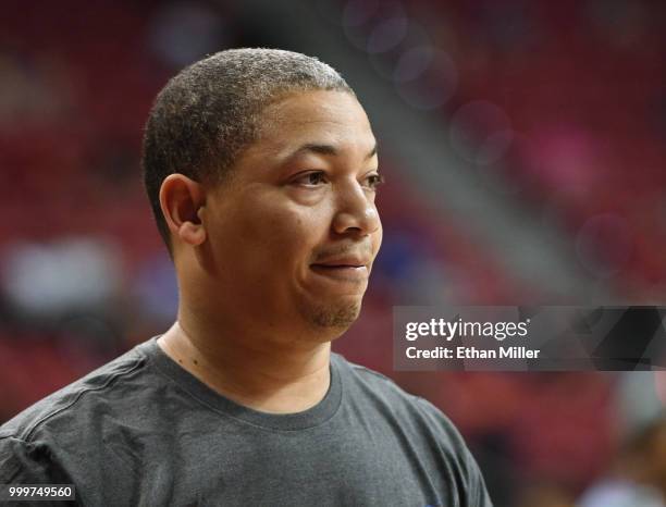 Head coach Tyronn Lue of the Cleveland Cavaliers leaves the court after the Cavaliers defeated the Toronto Raptors 82-68 in a quarterfinal game of...