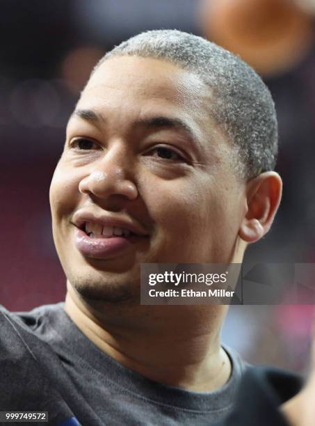 Head coach Tyronn Lue of the Cleveland Cavaliers leaves the court after the Cavaliers defeated the Toronto Raptors 82-68 in a quarterfinal game of...