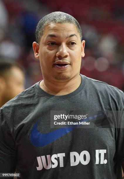 Head coach Tyronn Lue of the Cleveland Cavaliers leaves the court after the Cavaliers defeated the Toronto Raptors 82-68 in a quarterfinal game of...