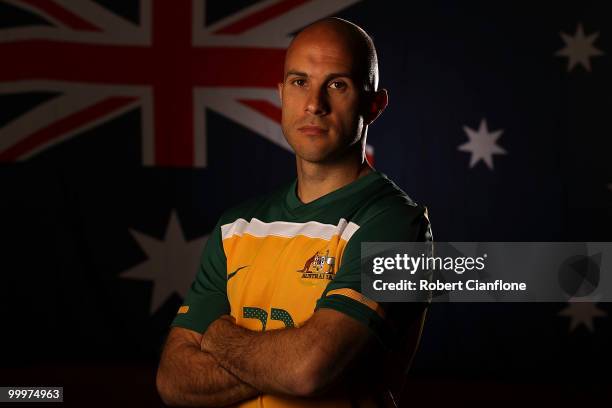 Mark Bresciano of Australia poses for a portrait during an Australian Socceroos portrait session at Park Hyatt Hotel on May 19, 2010 in Melbourne,...