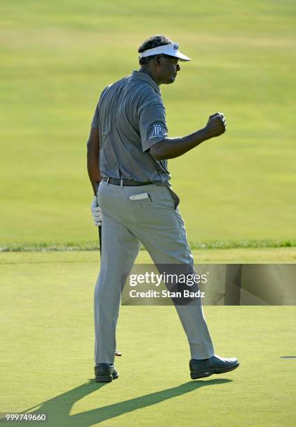 Vijay Singh celebrates his win beating Jeff Maggert in a two hole playoff on the 18th hole during the final round of the PGA TOUR Champions...