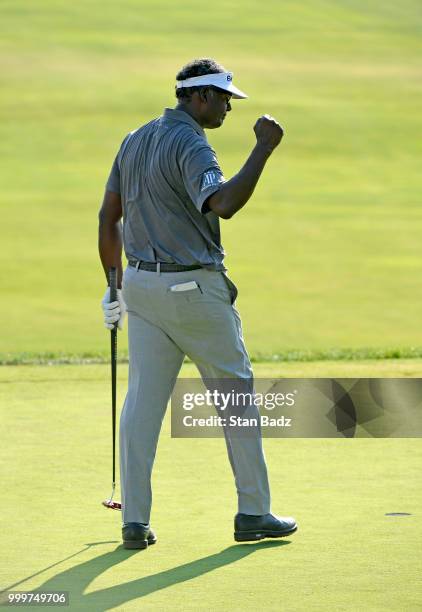 Vijay Singh celebrates his win beating Jeff Maggert in a two hole playoff on the 18th hole during the final round of the PGA TOUR Champions...