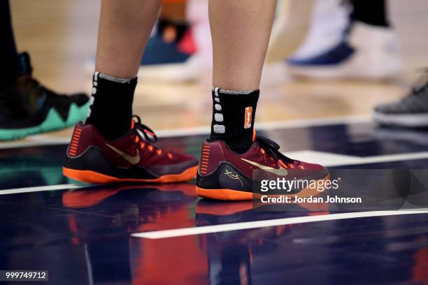 The sneakers worn by Rachel Banham of the Connecticut Sun on July 15, 2018 at Target Center in Minneapolis, Minnesota. NOTE TO USER: User expressly...