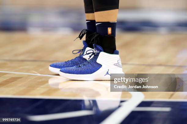 The sneakers worn by Maya Moore of the Minnesota Lynx during the game against the Connecticut Sun on July 15, 2018 at Target Center in Minneapolis,...