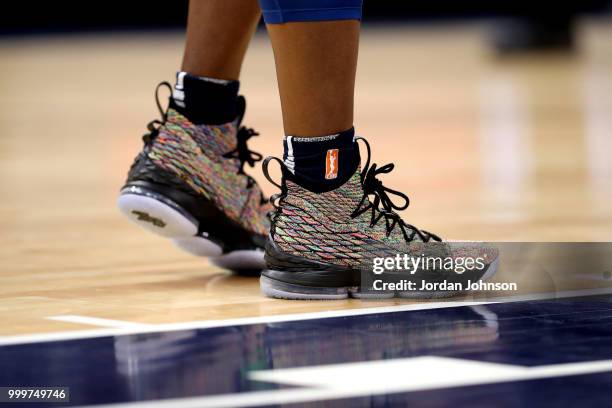 The sneakers worn by Sylvia Fowles of the Minnesota Lynx during the game against the Connecticut Sun on July 15, 2018 at Target Center in...