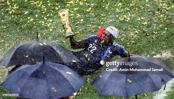 Didier Deschamps, Manager of France celebrates victory with son Dylan following the 2018 FIFA World Cup Russia Final between France and Croatia at...