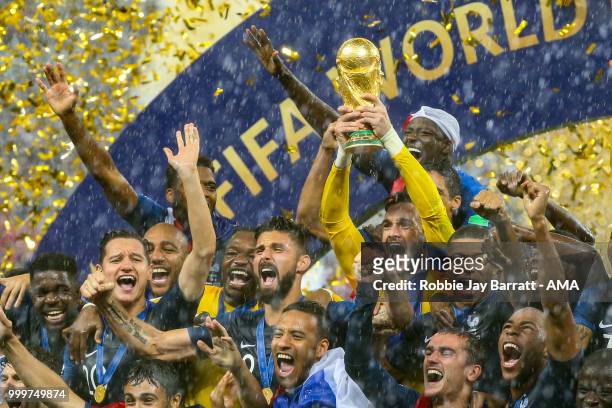 Hugo Lloris of France lifts the FIFA World Cup trophy during the 2018 FIFA World Cup Russia Final between France and Croatia at Luzhniki Stadium on...