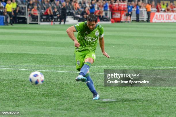 Seattle's Nicolás Lodeiro converts a penalty kick to score Seattle's only goal during the match between Atlanta and Seattle on July 15th, 2018 at...
