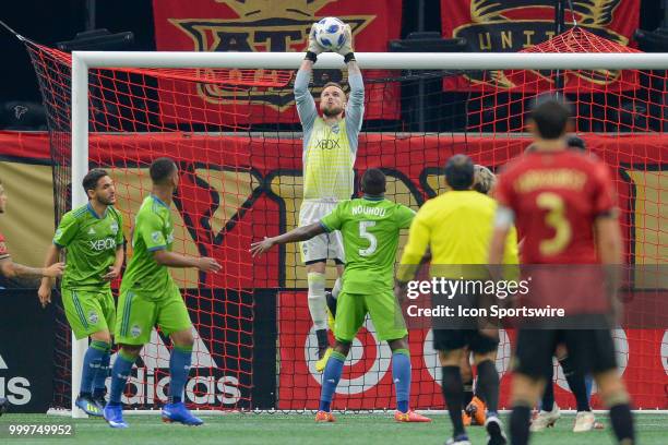 Seattle goalkeeper Stefan Frei makes a save during the match between Atlanta and Seattle on July 15th, 2018 at Mercedes-Benz Stadium in Atlanta, GA....