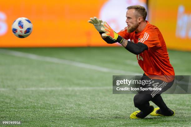 Seattle goalkeeper Stefan Frei warms up prior to the start of the match between Atlanta and Seattle on July 15th, 2018 at Mercedes-Benz Stadium in...