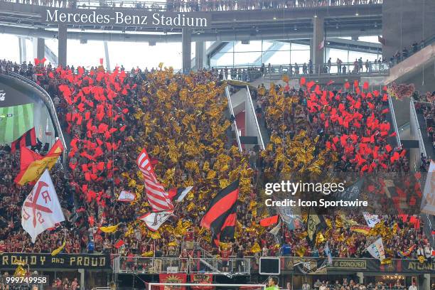 The Atlanta supporter section is loud and active during the match between Atlanta and Seattle on July 15th, 2018 at Mercedes-Benz Stadium in Atlanta,...