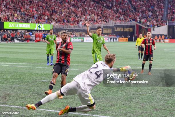 Seattle goalkeeper Stefan Frei makes a save during the match between Atlanta and Seattle on July 15th, 2018 at Mercedes-Benz Stadium in Atlanta, GA....