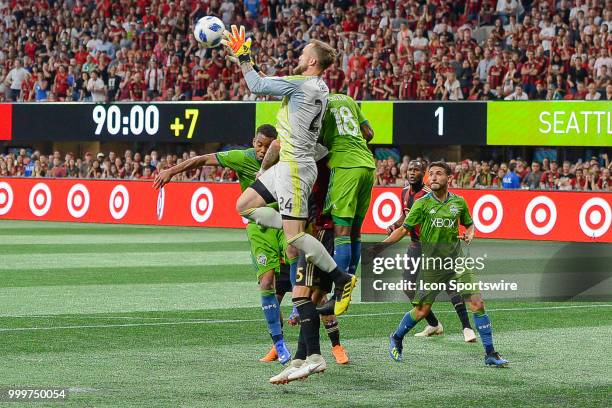 Seattle goalkeeper Stefan Frei makes a save during the match between Atlanta and Seattle on July 15th, 2018 at Mercedes-Benz Stadium in Atlanta, GA....