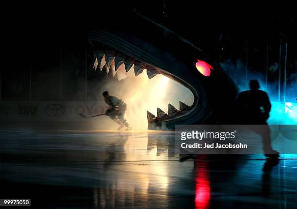 Member of the San Jose Sharks skates out onto the ice during introductions before the Sharks take on the Chicago Blackhawks in Game Two of the...