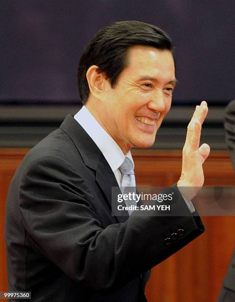 Taiwan President Ma Ying-jeou waves during a press conference at the Presidential Office in Taipei on May 19, 2010. President Ma Ying-jeou said that...