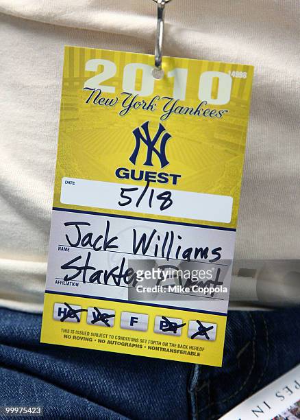 Close up of Jack Williams' guest pass at the starter event at NY Yankees batting practice at Yankee Stadium on May 18, 2010 in New York City.