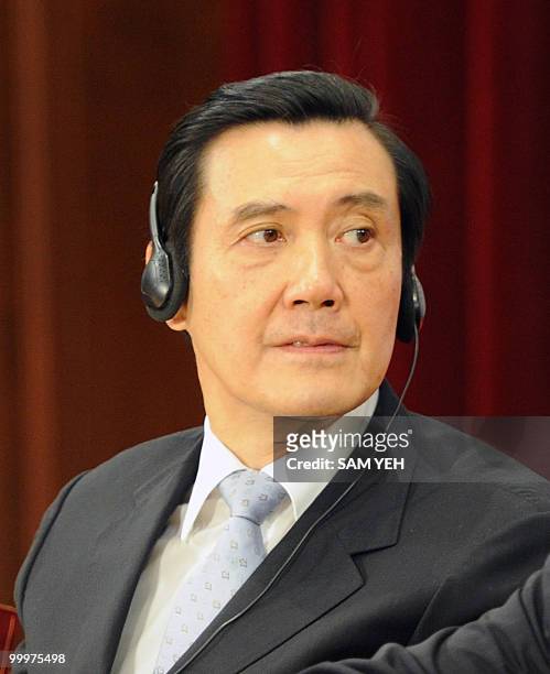 Taiwan President Ma Ying-jeou listens during the press conference at the Presidential Office in Taipei on May 19, 2010. President Ma Ying-jeou said...
