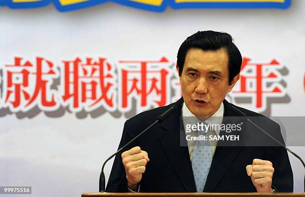 Taiwan President Ma Ying-jeou gestures during the press conference at the Presidential Office in Taipei on May 19, 2010. President Ma Ying-jeou said...