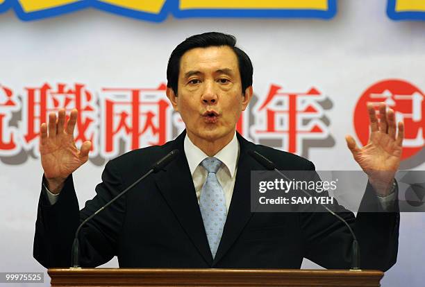 Taiwan President Ma Ying-jeou gestures during the press conference at the Presidential Office in Taipei on May 19, 2010. President Ma Ying-jeou said...