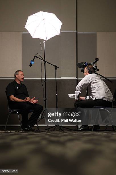 All White coach Ricki Herbert conducts an interview during a signing session at the Sky City Convention Centre on May 19, 2010 in Auckland, New...