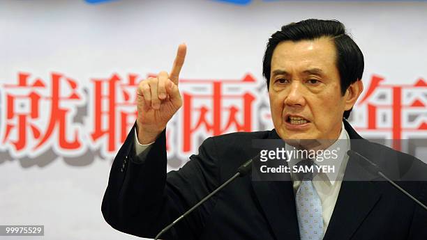 Taiwan President Ma Ying-jeou gestures during the press conference at the Presidential Office in Taipei on May 19, 2010. President Ma Ying-jeou said...