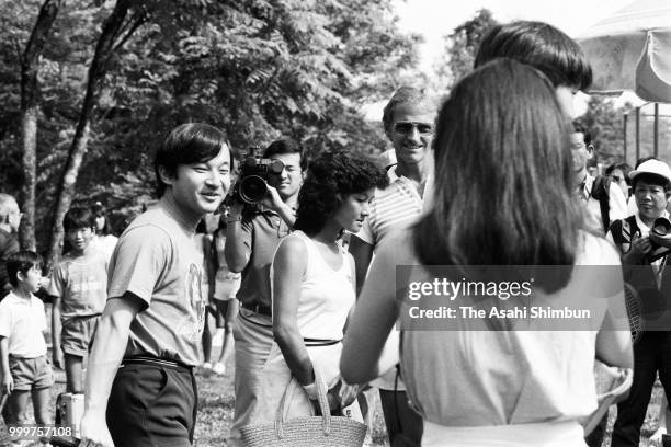 Prince Naruhito and Prince Fumihito are seen on arrival at a tennis court on August 7, 1986 in Karuizawa, Nagano, Japan.