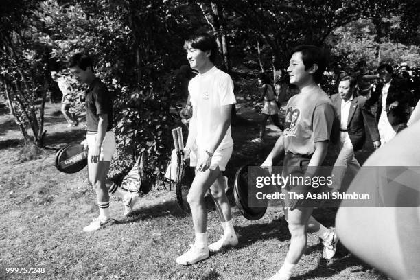 Prince Naruhito and Prince Fumihito are seen on arrival at a tennis court on August 7, 1986 in Karuizawa, Nagano, Japan.