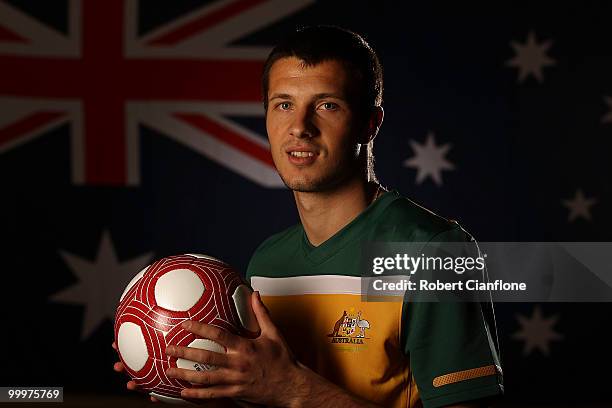 Nikita Rukavytsya of Australia poses for a portrait during an Australian Socceroos portrait session at Park Hyatt Hotel on May 19, 2010 in Melbourne,...