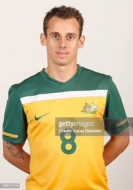 Luke Wilkshire of Australia poses for a portrait during an of Australian Socceroos portrait session at Park Hyatt on May 19, 2010 in Melbourne,...