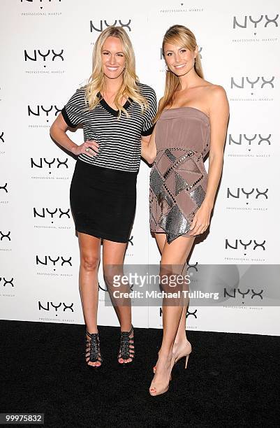 Host Ashlan Gorse and actress Stacy Keibler arrive at the Nyx Professional Makeup Decade & 1 Year Anniversary Party, held at the Hollywood Roosevelt...