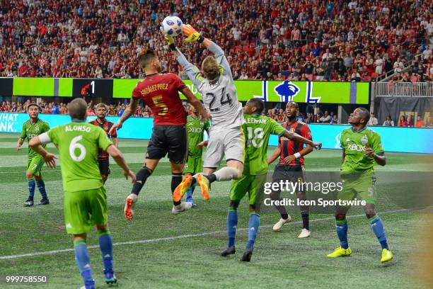 Seattle goalkeeper Stefan Frei makes a save during the match between Atlanta and Seattle on July 15th, 2018 at Mercedes-Benz Stadium in Atlanta, GA....