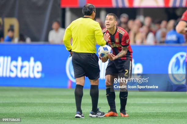 Atlanta's Franco Escobar pleads with the referee during the match between Atlanta and Seattle on July 15th, 2018 at Mercedes-Benz Stadium in Atlanta,...