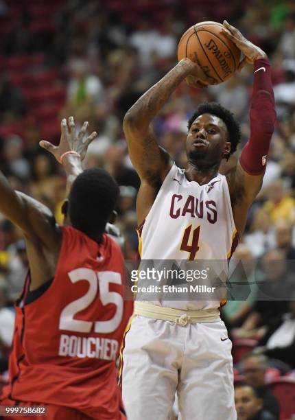 Jamel Artis of the Cleveland Cavaliers shoots against Chris Boucher of the Toronto Raptors during a quarterfinal game of the 2018 NBA Summer League...
