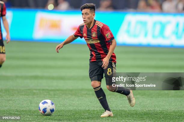 Atlanta's Ezequiel Barco looks to pass the ball during the match between Atlanta and Seattle on July 15th, 2018 at Mercedes-Benz Stadium in Atlanta,...